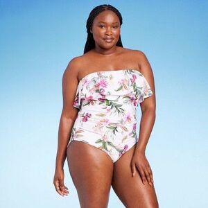 Kona Sol White Floral Ruffle Strapless One-Piece Swimsuit